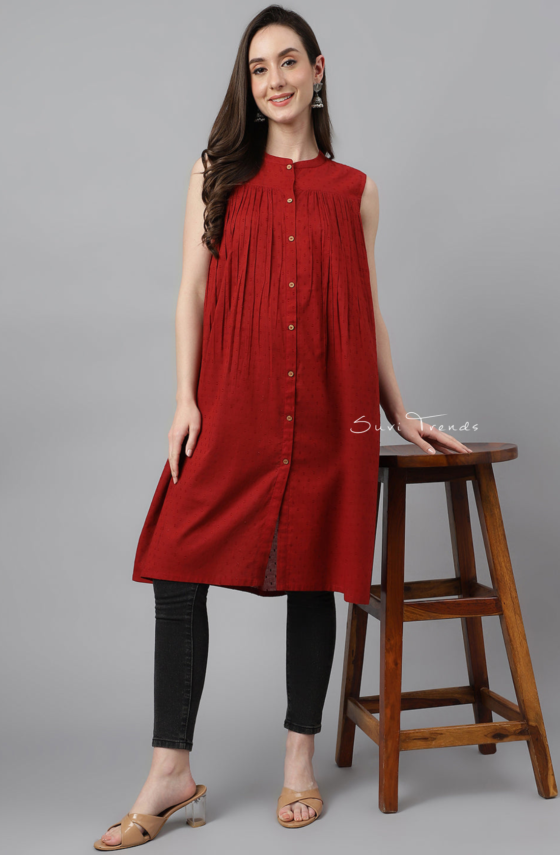 Dobby Cotton Solid Gathered Top - Maroon