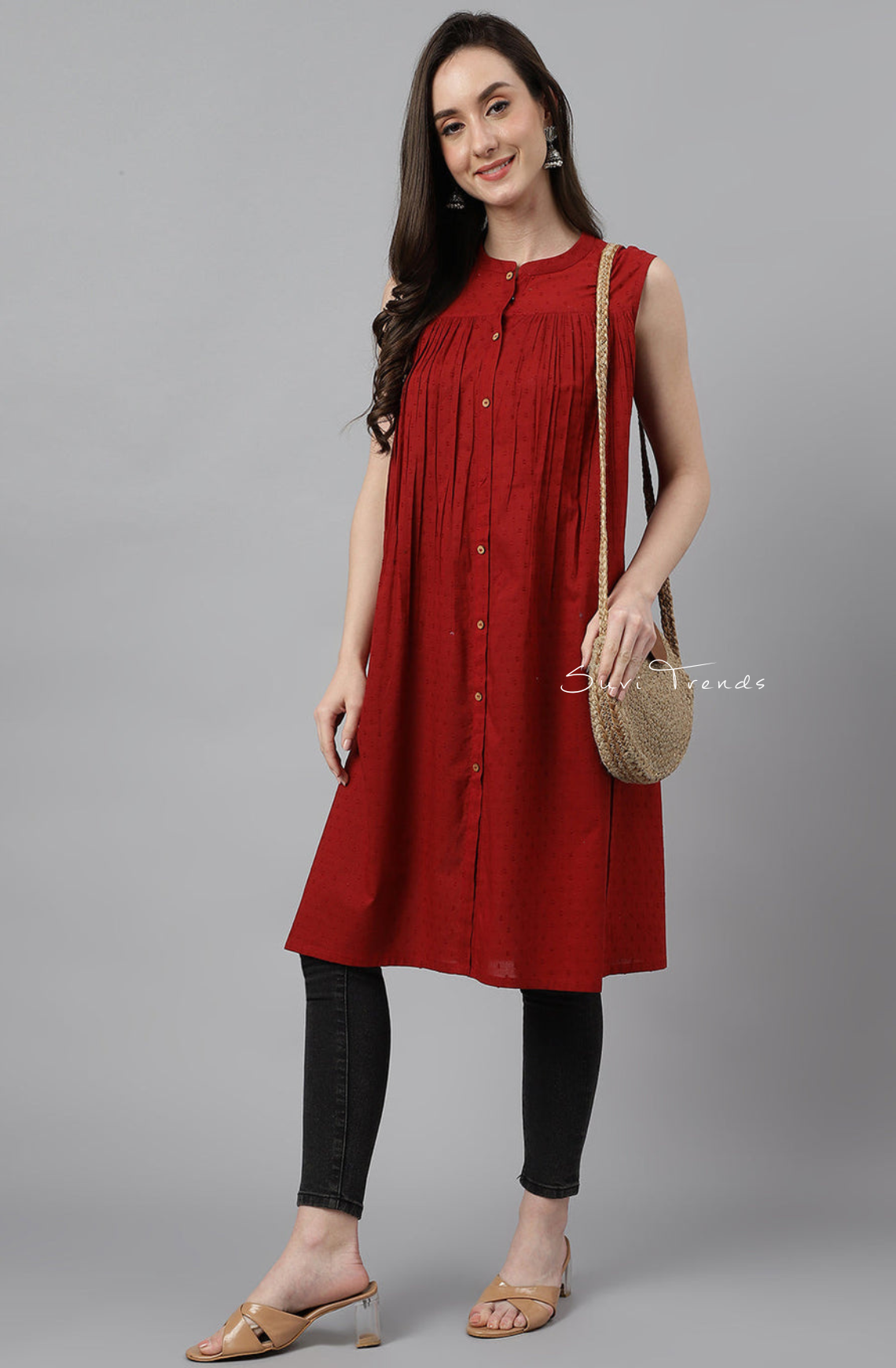 Dobby Cotton Solid Gathered Top - Maroon