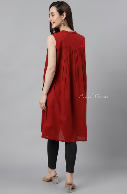 Dobby Cotton Solid Gathered Top - Maroon