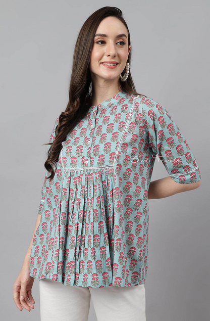 Cotton Block Printed A-Line Top - Aqua