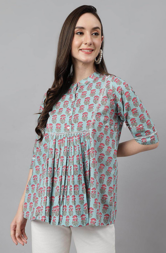 Cotton Block Printed A-Line Top - Aqua