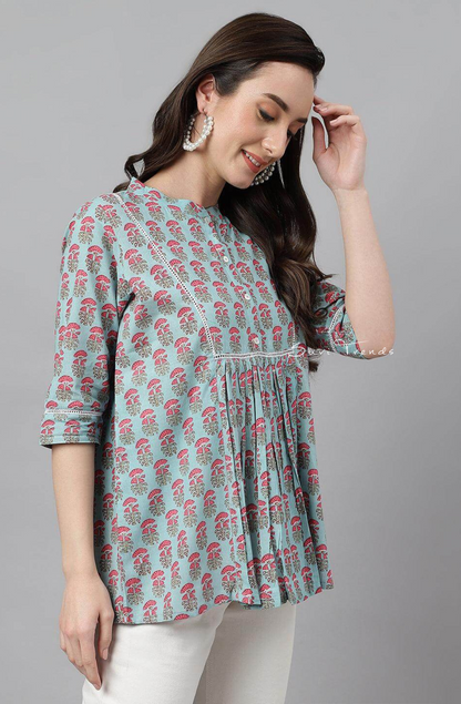 Cotton Block Printed A-Line Top - Aqua