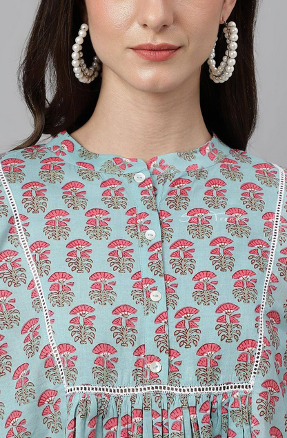 Cotton Block Printed A-Line Top - Aqua