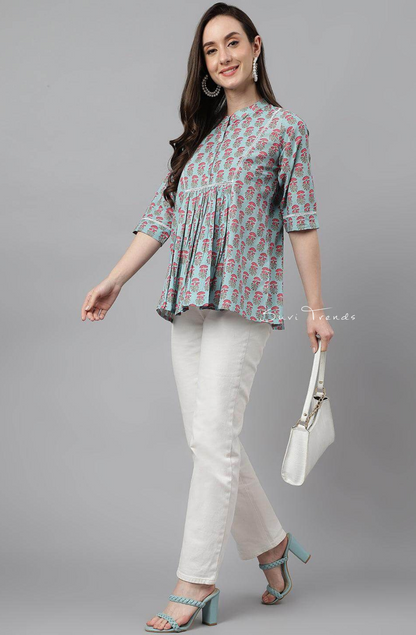 Cotton Block Printed A-Line Top - Aqua