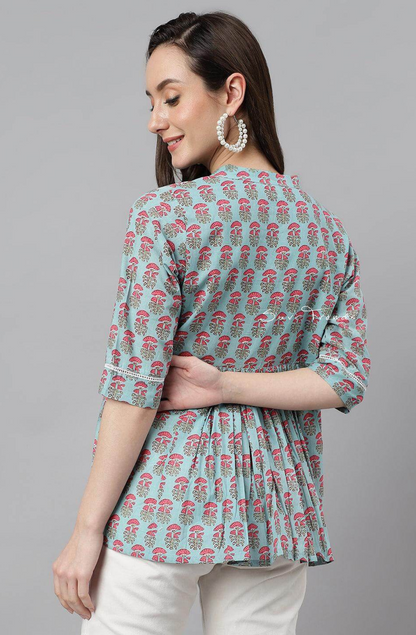 Cotton Block Printed A-Line Top - Aqua