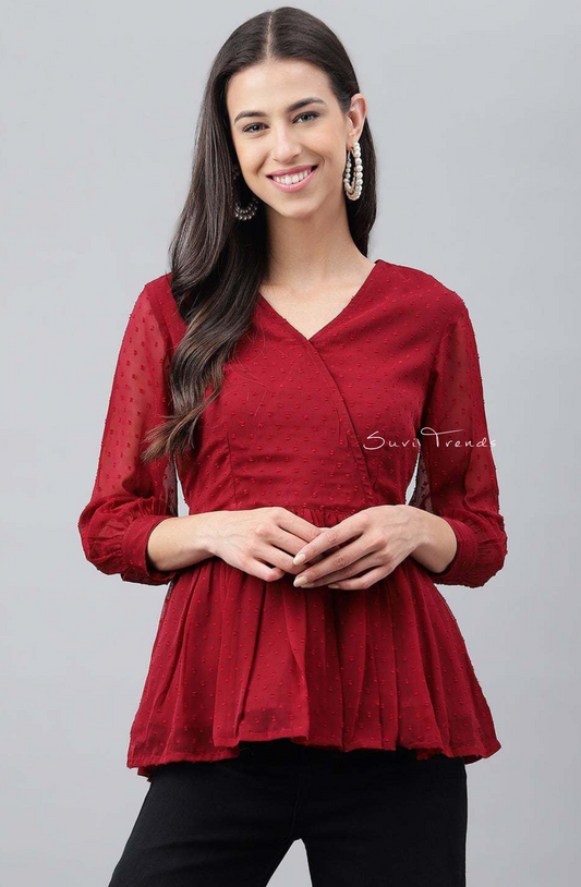 Dobby Chiffon Solid Peplum Top - Maroon
