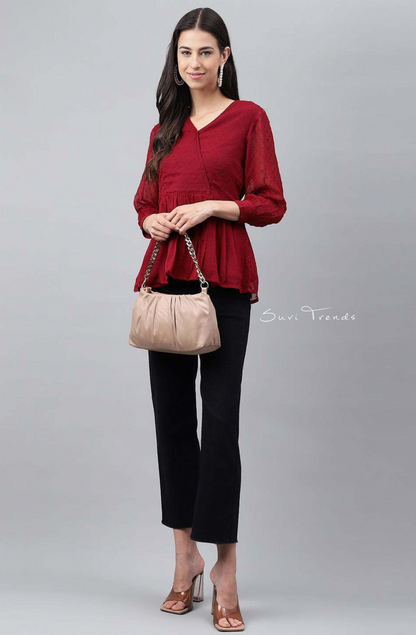 Dobby Chiffon Solid Peplum Top - Maroon
