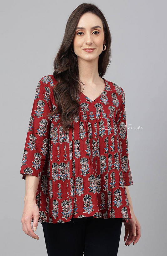 Pure Cotton Floral Block Printed Flared Top - Maroon