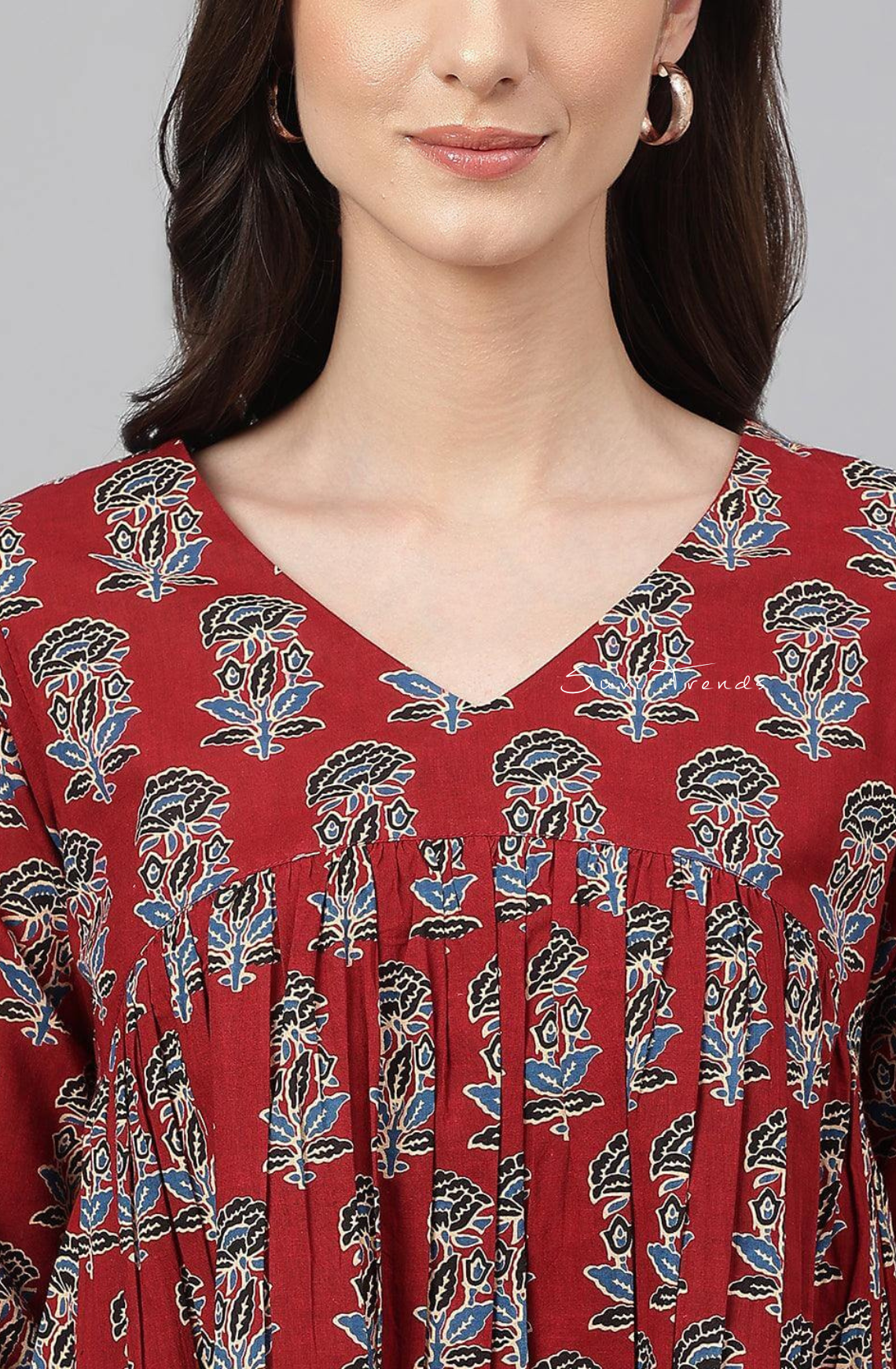 Pure Cotton Floral Block Printed Flared Top - Maroon