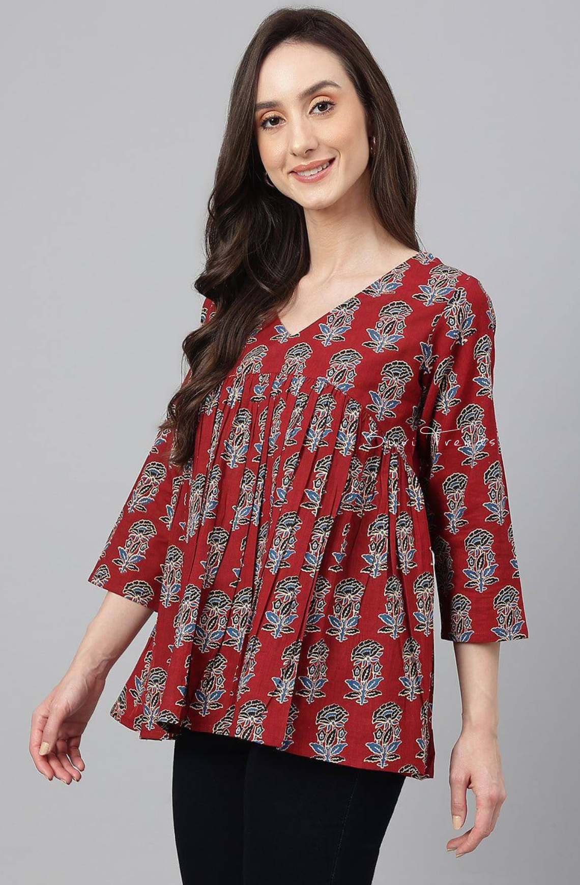 Pure Cotton Floral Block Printed Flared Top - Maroon