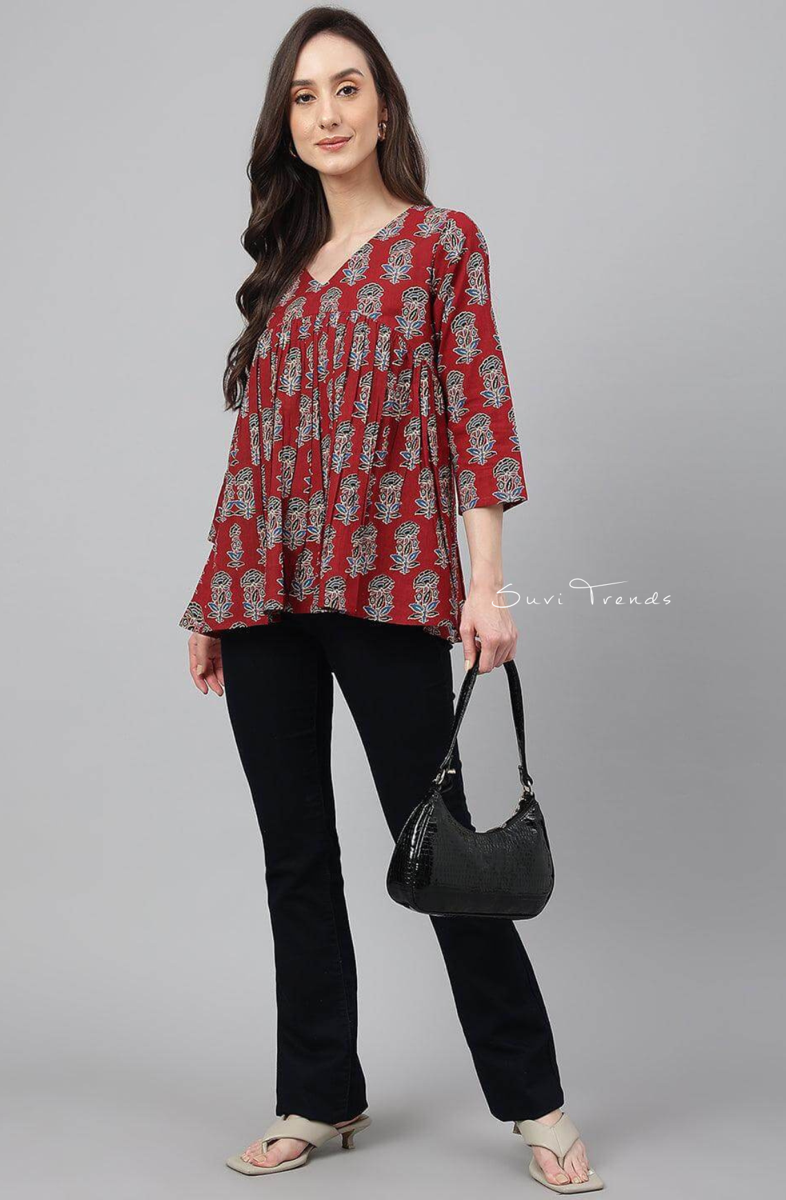 Pure Cotton Floral Block Printed Flared Top - Maroon