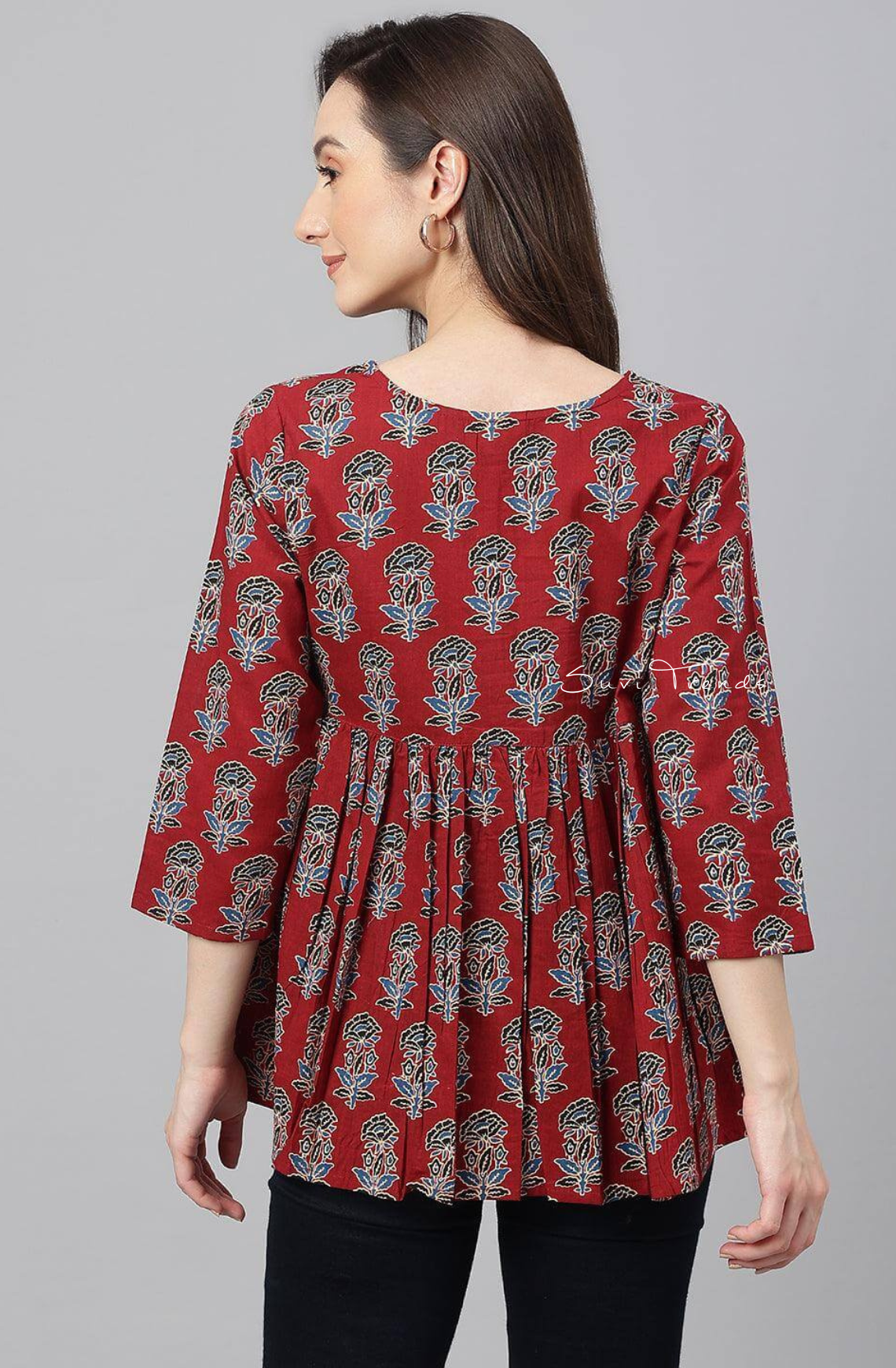 Pure Cotton Floral Block Printed Flared Top - Maroon