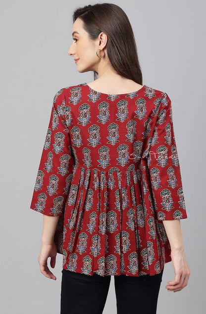 Pure Cotton Floral Block Printed Flared Top - Maroon