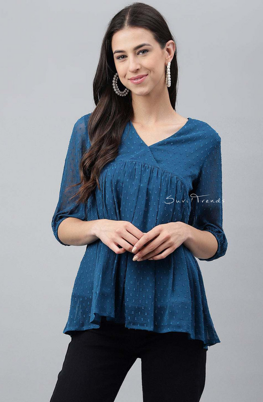Dobby Chiffon Solid Empire Top - Teal Blue