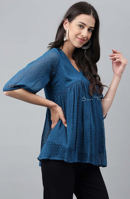 Dobby Chiffon Solid Empire Top - Teal Blue