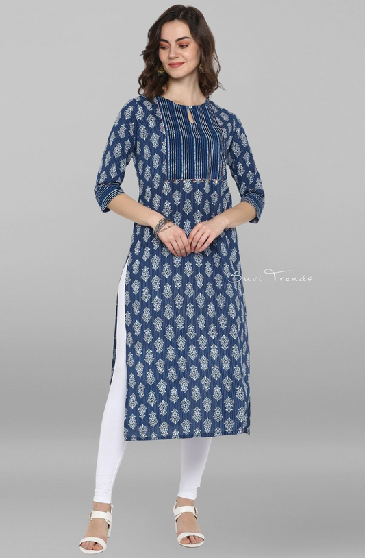 Pure Cotton Block Printed Straight Kurta - Blue