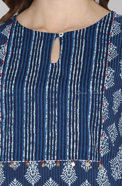 Pure Cotton Block Printed Straight Kurta - Blue