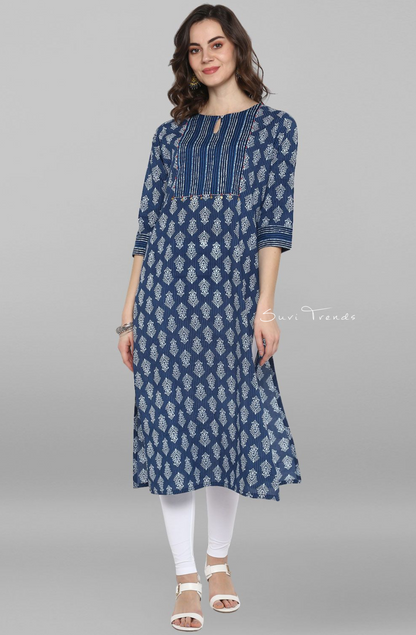 Pure Cotton Block Printed Straight Kurta - Blue