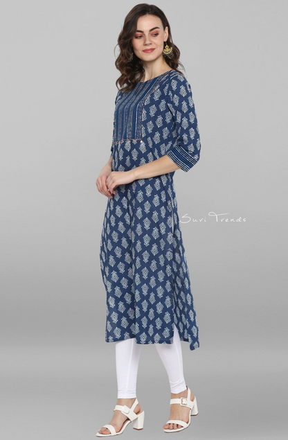 Pure Cotton Block Printed Straight Kurta - Blue