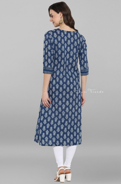 Pure Cotton Block Printed Straight Kurta - Blue