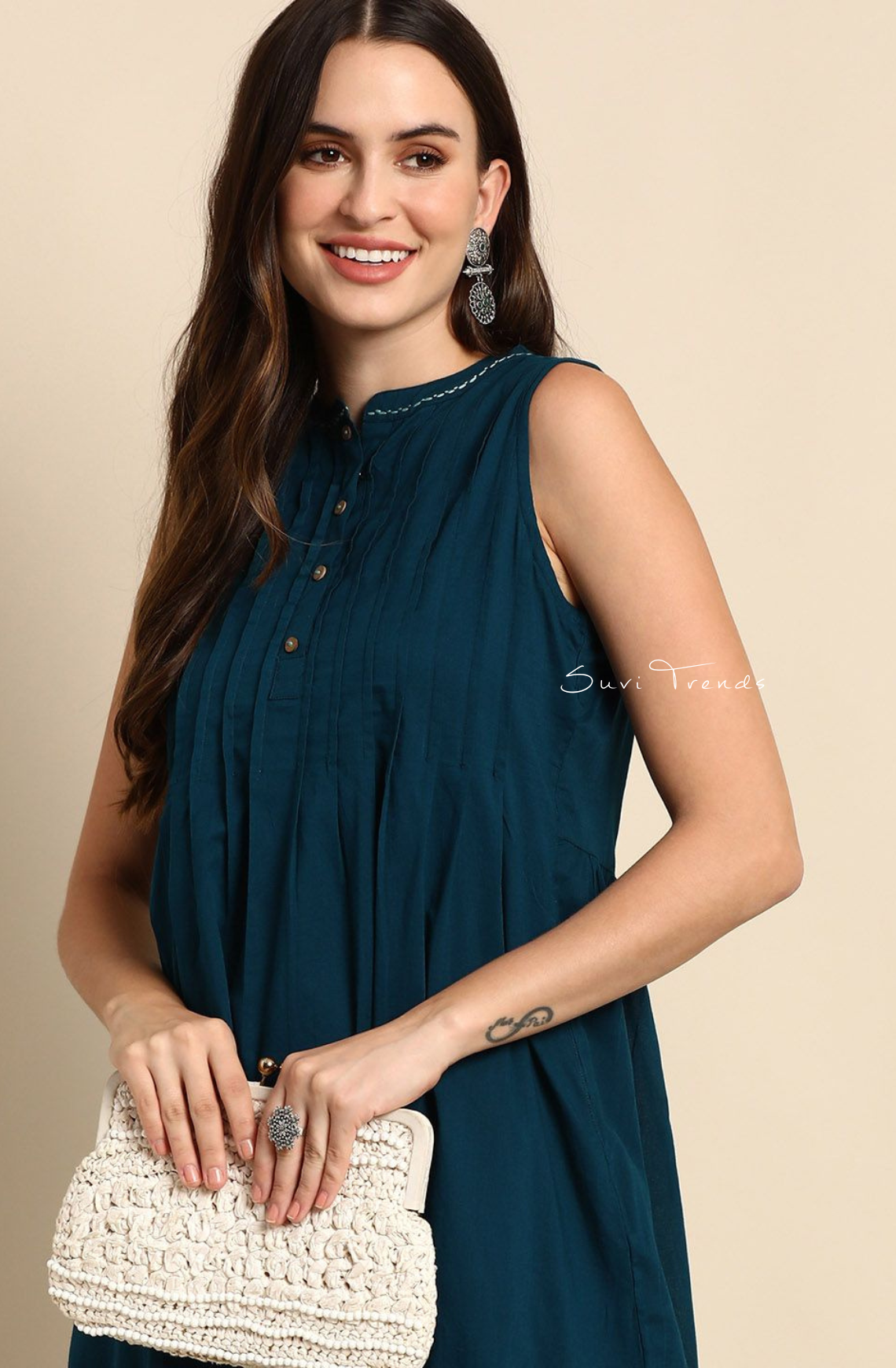 Pure Cotton A-Line Western Dress - Teal Blue