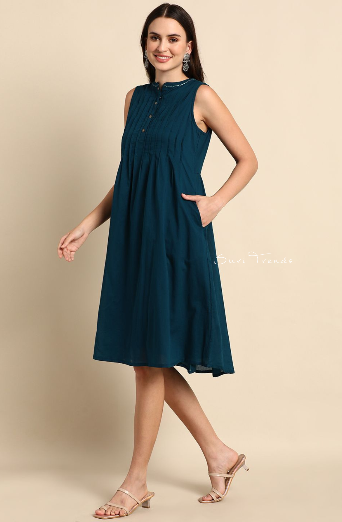 Pure Cotton A-Line Western Dress - Teal Blue