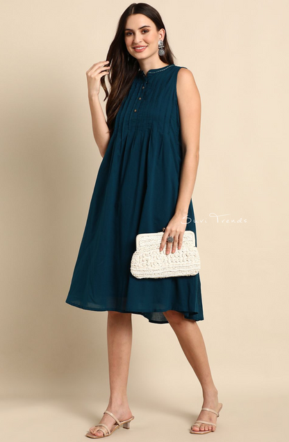 Pure Cotton A-Line Western Dress - Teal Blue