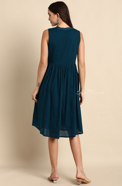Pure Cotton A-Line Western Dress - Teal Blue