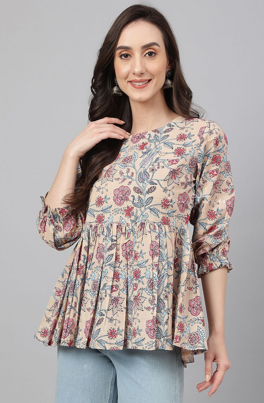 Pure Cotton Floral Printed Peplum Top - Beige