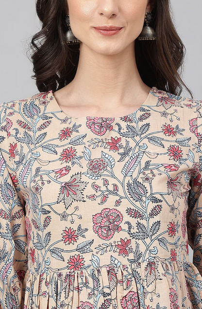 Pure Cotton Floral Printed Peplum Top - Beige