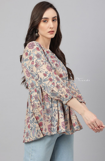 Pure Cotton Floral Printed Peplum Top - Beige