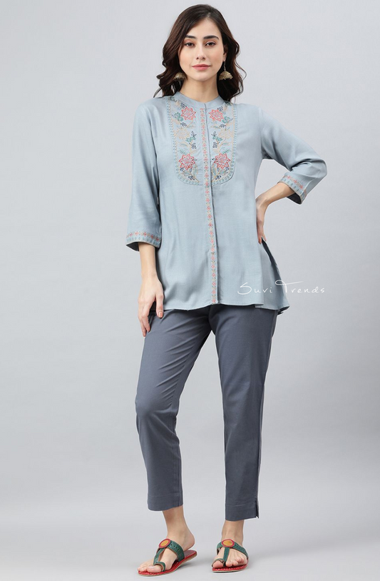 Floral Embroidered A-Line Top - Blue