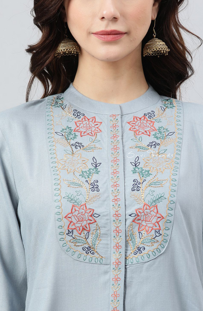 Floral Embroidered A-Line Top - Blue