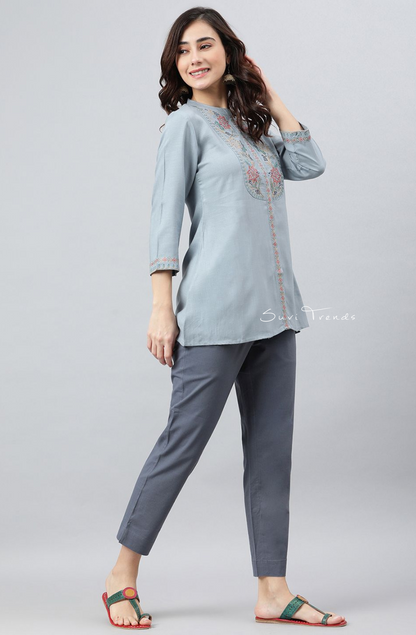 Floral Embroidered A-Line Top - Blue