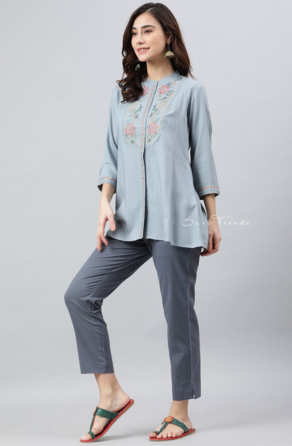 Floral Embroidered A-Line Top - Blue