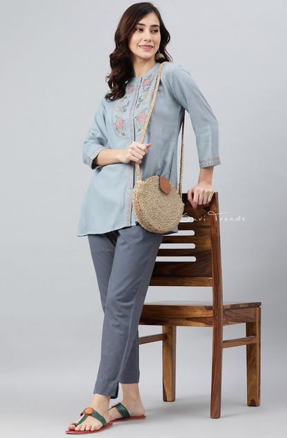 Floral Embroidered A-Line Top - Blue