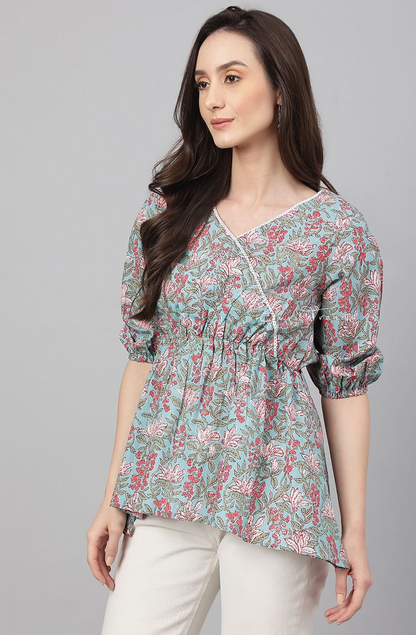 Pure Cotton Floral Printed Peplum Top - Aqua Blue
