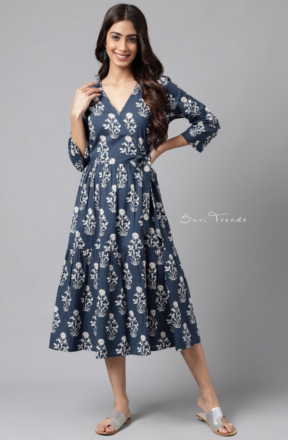 Pure Cotton Floral Printed Wrap Dress - Navy Blue