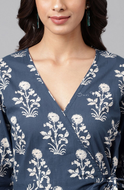 Pure Cotton Floral Printed Wrap Dress - Navy Blue