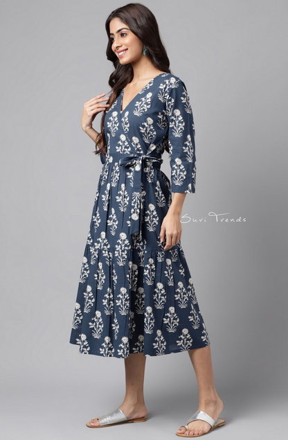 Pure Cotton Floral Printed Wrap Dress - Navy Blue