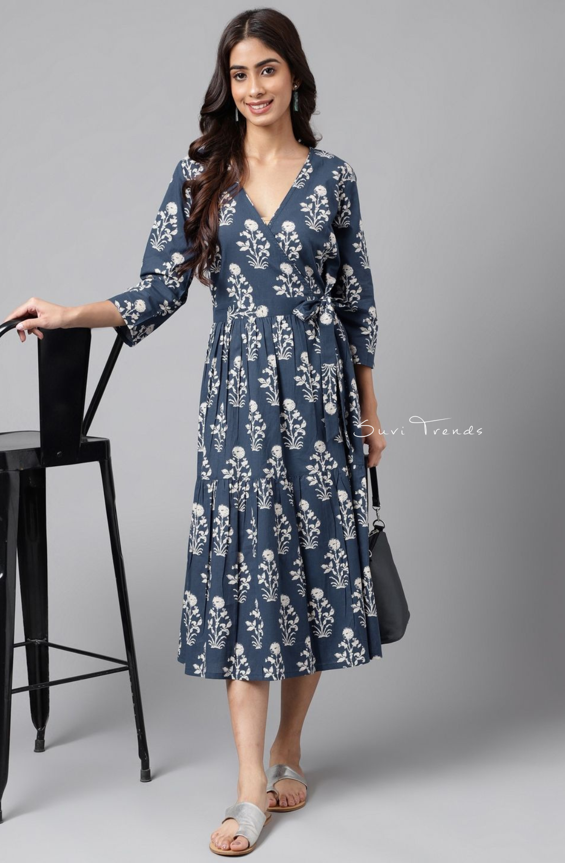Pure Cotton Floral Printed Wrap Dress - Navy Blue