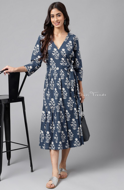 Pure Cotton Floral Printed Wrap Dress - Navy Blue