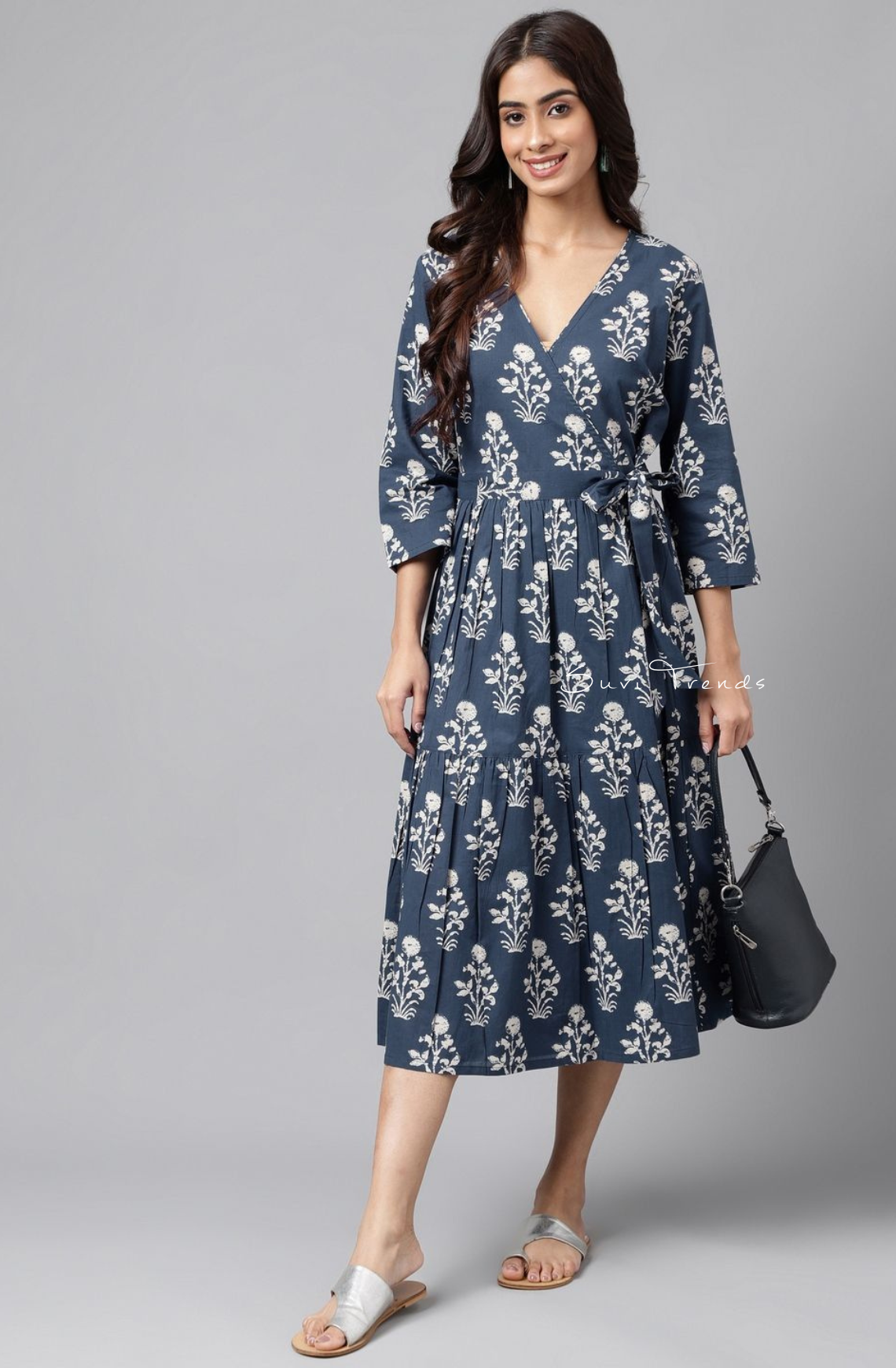 Pure Cotton Floral Printed Wrap Dress - Navy Blue