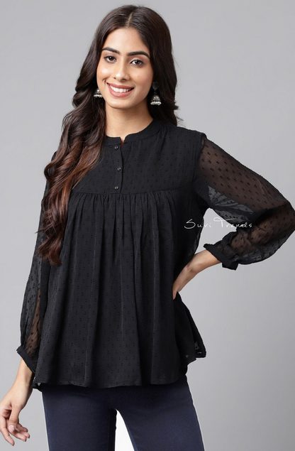 Dobby Chiffon Solid Empire Top - Black