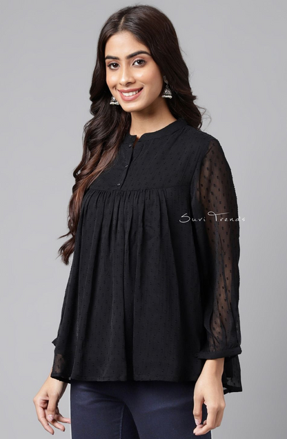 Dobby Chiffon Solid Empire Top - Black