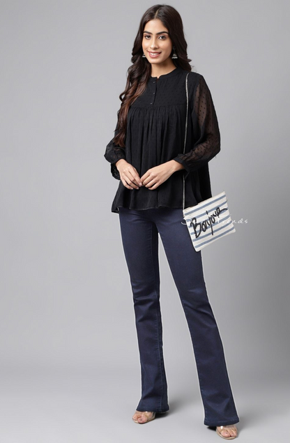 Dobby Chiffon Solid Empire Top - Black