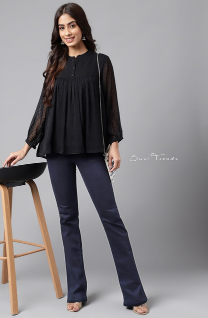 Dobby Chiffon Solid Empire Top - Black