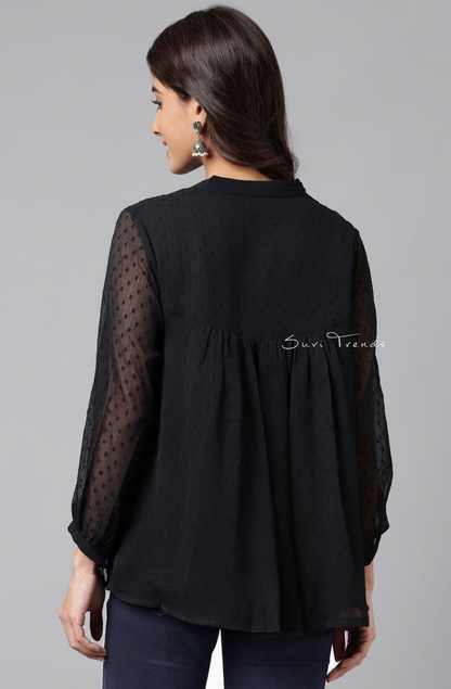 Dobby Chiffon Solid Empire Top - Black
