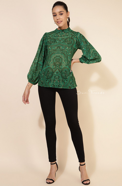 Georgette Digital Printed Regular Top - Green