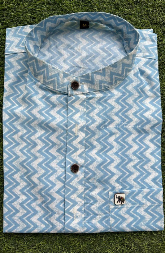 Men's Chevron Printed Half Kurta - Sky Blue